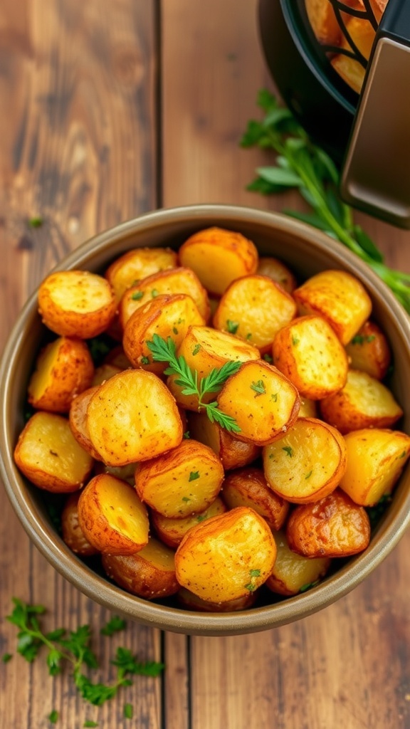 Simple Air Fryer Potatoes Recipe Crispy air fryer potatoes in a bowl, garnished with herbs on a wooden table.